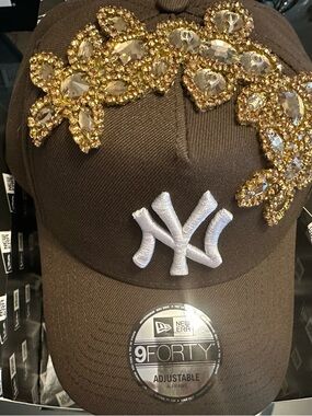 New Era Brown Women's NY Cap with Gold Crystal Floral Accents